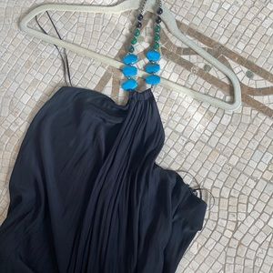 Black gown with blue beading around the neck low back side zipper